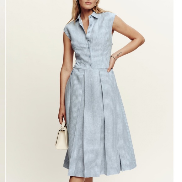 NEW Reformation Prim Linen Midi Dress - Blue White Stripes Casual - Picture 3 of 9